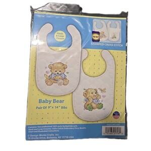 Design Works Baby Bear Stamped Bib Cross Stitch Kit Pair USA MADE New